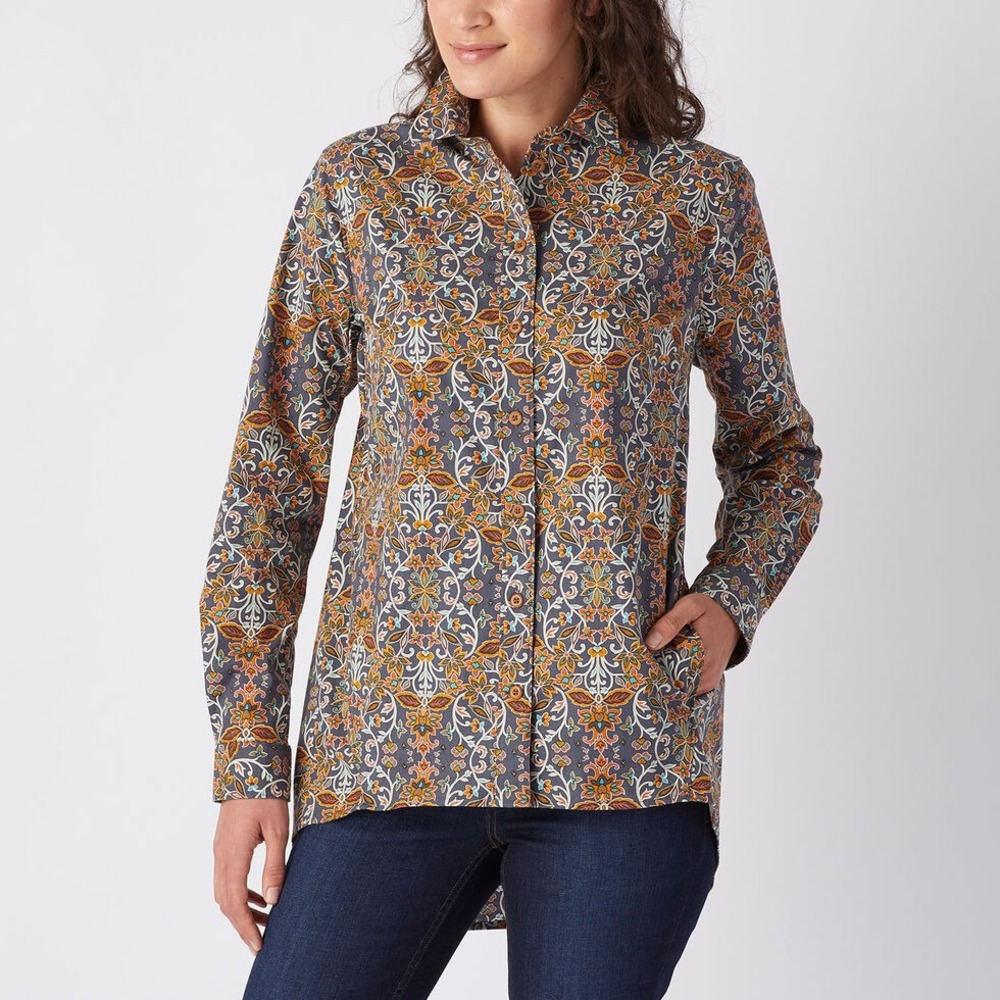 Duluth Trading Co Cotton Poplin Modern Tunic Paisley Botanical Print XL